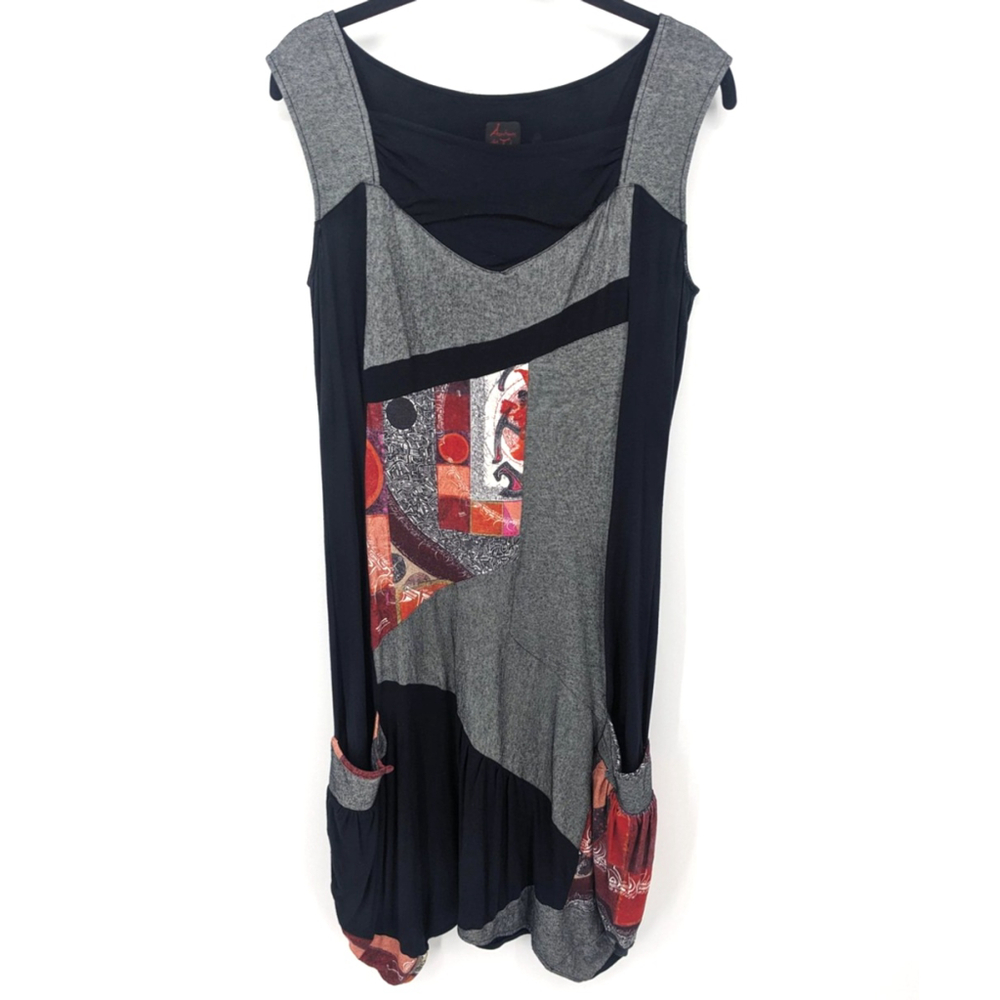 Aventures des Toiles‎ Dress Womens Large Black  Patchwork Tunic Pockets Artsy